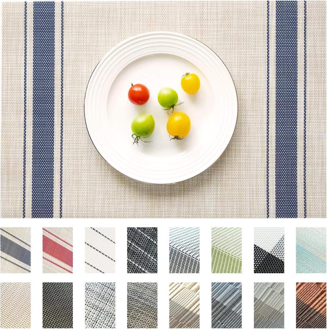 Placemats Set of 8 Vinyl/Plastic Woven Place Mats for Kitchen Table Indoor/Outdoor Washable Placemat Wipeable Dining Table Mats (Khaki Blue,8)