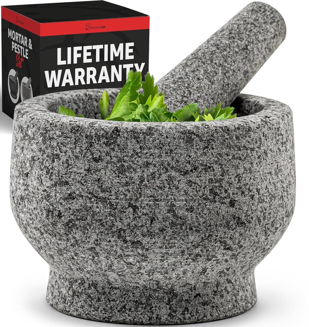 PriorityChef Large Mortar and Pestle Set, Heavy Duty Natural Granite, Make Fresh Guacamole at Home, Solid Stone Grinder Bowl, Herb Crusher, Spice Grinder, 2 Cup Size, Unpolished Grey