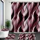 4PCS Burgundy Red Abstract Shower Curtain Sets with Rugs, Striped Bathroom Sets with Shower Curtain and Rugs, Modern Bathroom Curtains Shower Set with Toilet Lid Cover for Bathroom Decor