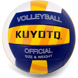 KUYOTQ Outdoor Beach Volleyball, 3MM Thickened Surface Soft Leather Volleyball for Youth Mens,Beach Play,Game, in&Outdoor Training (Official Size,Deflated) (Blue/Whilte/Yellow StripedThickened Leather)