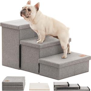 Love's cabin Dog Stairs for High Bed 18"H,Foldable Pet Stairs for Small Medium or Large Dogs Puppy with Storage for Bed or Couch, Cat Dog Steps Ramp with Zip up to 200 lbs(Solid Grey,3 Steps no Condo)