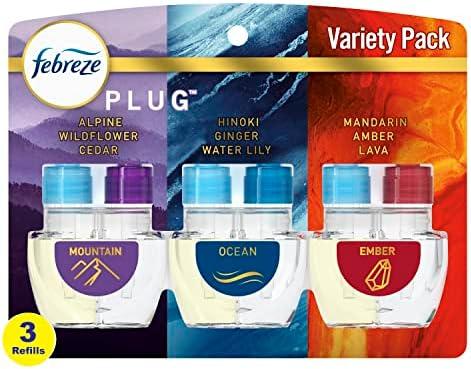 Febreze Plug In Air Freshener, Odor-Fighting Scented Oil Refill, Air Fresheners for Home and Bathroom and Kitchen, Long Lasting for Strong Odors, Moutain/Ocean/Ember Mix, 0.87oz Refills, 3 Count