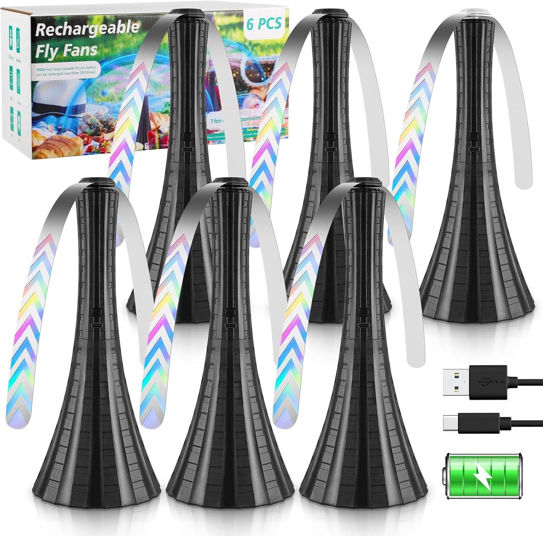 Fly Fans for Tables Rechargeable, Flies Fan USB, Fly Repellent Outdoor Patio to Keep Bugs Away by Soft Blades, Food Fans for Camping, Picnic, Fishing, 6PCS (Black)