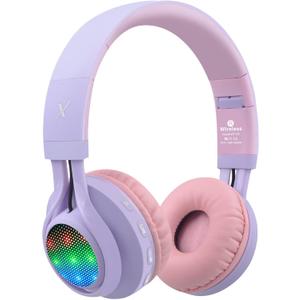 Riwbox WT-7S Kids Bluetooth Headphones Light Up, Foldable Stero Wireless Headset, with Microphone and Volume Control, Comfortable and Durable, for PC/Tablet/TV/Travel(Purple)