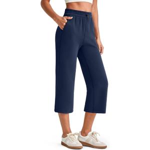 G4Free Smoofit Wide Leg Capri Pants for Women Adjustable Shockcord High Waist Summer Travel Casual Pants with Pockets (Blue, XS)