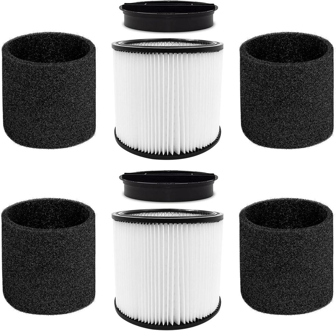 CERO 90304 Replacement Filter for Shop Vac 90304, 90350, 90333, 90585, 5 Gallon and Above Wet/Dry Vacuum Cleaners (2 Replacement Filter+2 Lids+4 Foam Sleeve Filters)