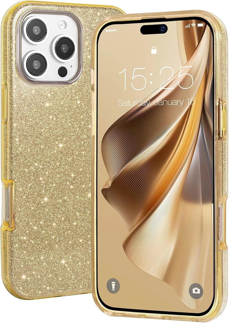 MILPROX Compatible with iPhone 16 Pro Case - Sparkly Glitter Bling Design - 3 Layers Slim Protective Phone Cover - Cute Aesthetic Case for Women Girl - Gold