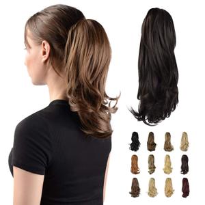 Sofeiyan 13" Ponytail Extension Long Curly Ponytail Clip in Claw Hair Extension Natural Looking Synthetic Hairpiece for Women, Darkest Brown Tend to Black