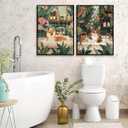2Pcs Funny Animal Bathroom Wall Art Cat and Dog Taking a Bath Canvas Posters Prints Bohemian Green Plants and Flowers Picture for Bathroom, Toilet Bedroom Wall Decoration Unframed (16x24Poster, Colorful)
