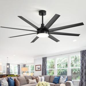 65 Inch Ceiling Fans with Lights and Remote, 8-Blade, Reversible DC Motor, 6-Speed, Timer, Industrial Large Ceiling Fans with Led Light Chandelier for Bedroom Living Room Office, Black