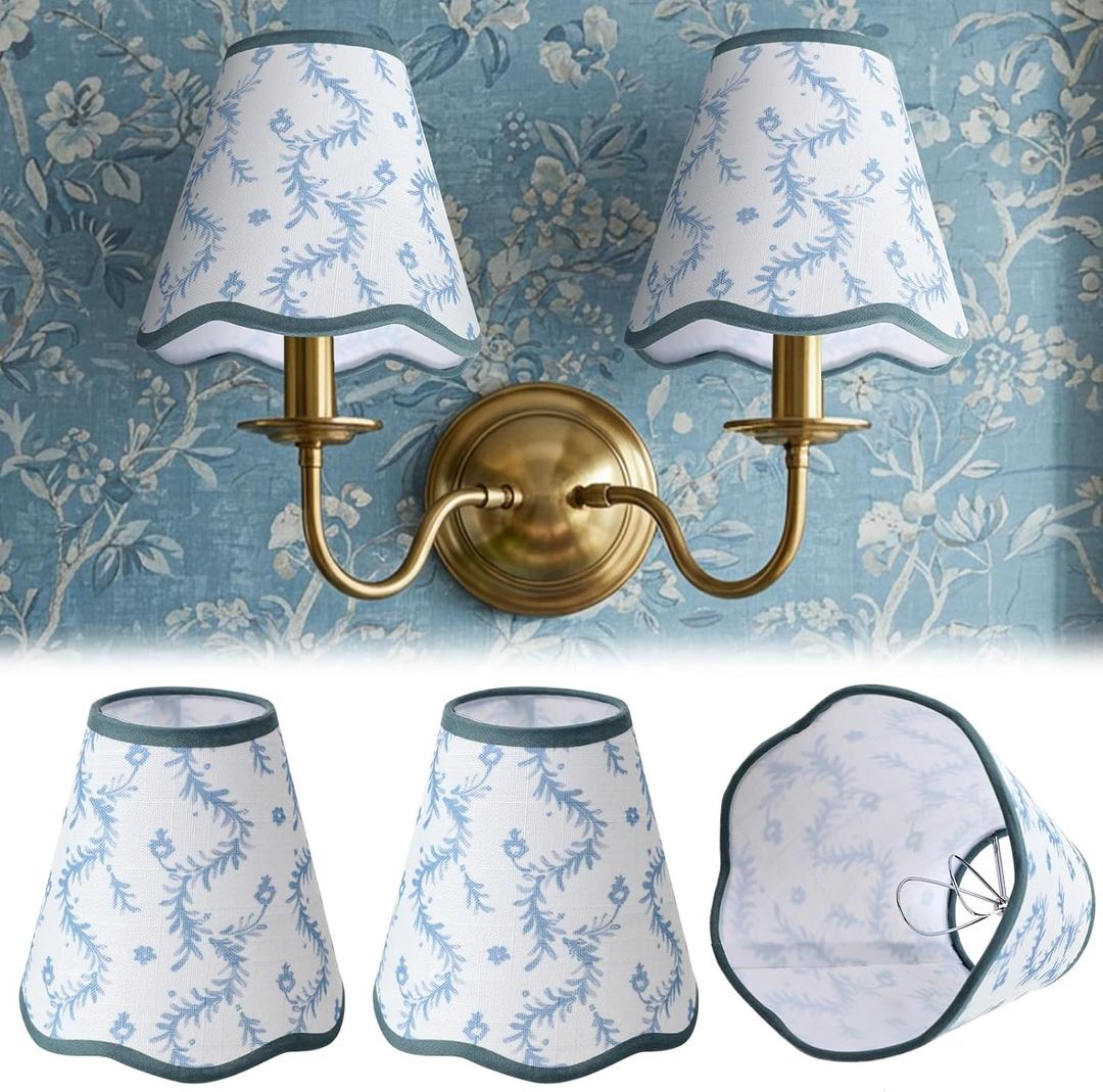 VIHOSE 2 Pcs Small Scalloped Lamp Shades Chandelier Lamp Shades 3 x 6 x 6 Inch Blue and White Linen Fabric Mini Scallop Lampshades with Trim Natural Tapered Lampshades for Wall Sconce Pendant Light
