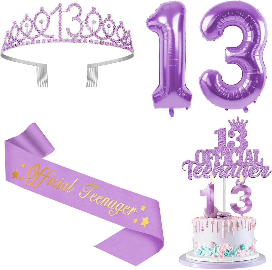13th Birthday Decorations for Girls Purple with 13th Birthday Sash and Crown, Cake Topper and Candles, Number Balloons, 13 Year Old Gifts for Girls
