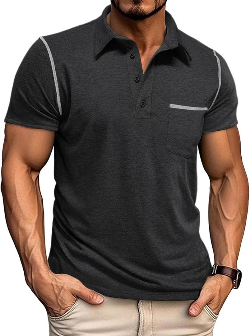 Mens Casual Polo Shirts Classic Short Sleeve Basic Golf Button Shirt with Pocket (Medium, Black)