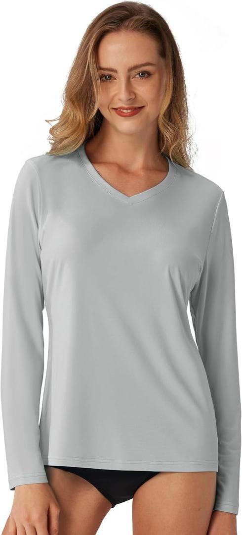 Women's Standard V-Neck UPF 50+ Long Sleeve Swim Rash Guard Shirt Quick Dry Lightweight Moisture Wicking (Gray, M)