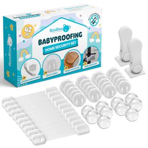 Booboo Baby (42 Pack) Child Safety Baby Proofing Kit | x10 Cabinet Drawer Locks, x10 Corner Guards, x20 Outlet Covers, x2 Door Lever Lock | Baby Proof Your Home & Kitchen with No Trapped Fingers