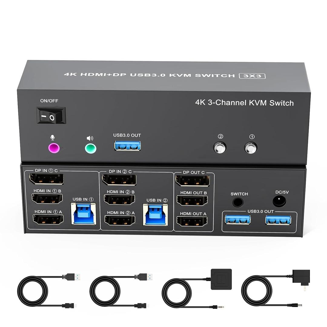 4K KVM Switch 3 Monitors 2 Computers Triple Monitor Displayport and 2 HDMI USB 3.0 KVM Switches 4K@60Hz,Support Extended/Mirror Mode Share 3 USB 3.0 Ports with Desktop Controller, Adapter Included