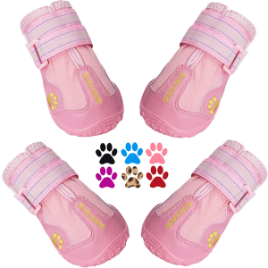 QUMY Dog Boots Waterproof Shoes for Dogs with Reflective Strips Rugged Anti-Slip Sole 4PCS/Set (Pink, Size 7: 2.8''x3.2(W*L) (Pack of 4))