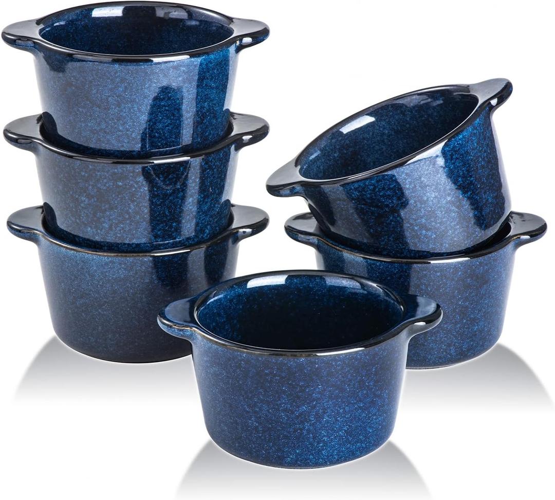 Creme Brulee Ramekins Ceramic Bowls - VICRAYS Mini Custard Cups 8 oz oven Safe Bowls Souffle Dishes for Baking Individual Casserole Dipping Sauce Pioneer Woman Bakeware Set of 6, Blue
