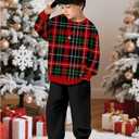 TALLWH Toddler Boy Christmas Outfit 2-3T Merry Christmas Outfit Boys Long Sleeve Striped Pullover Sweatshirts Jogger Pants Set Red and Green Contrast Plaid Party Clothes for Toddler Boys (Red)