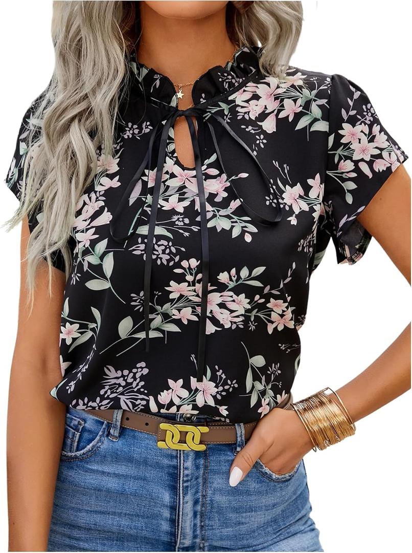 Women's Floral Tie Front Shirts Frill Trim Short Sleeve Crew Neck Blouse Spring Summer Tops (X-Large, Black)