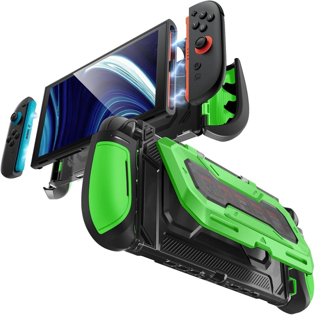 Mumba Dockable for Nintendo Switch 2 Case with Flip Stand, [Titan] Ergonomic Switch 2 Grip Protective Cover Holds 5 Game Cards & 2 TF Cards TPU Accessories and Quick-Release Joy-Con Design (Green)
