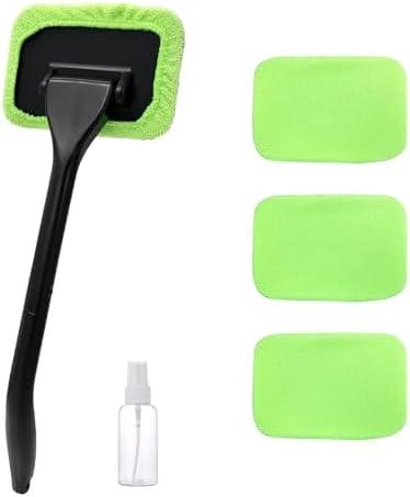 povtii Car Windshield Cleaning Tool, Microfiber Auto Window Cleaner Set with 4 Washable and Reusable Cloth Pad, Long Handle Glass Wiper Cleaning Kit with Spray Bottle, Car Accessories