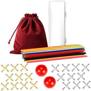 VVSBPL Classic Pick Up Sticks and Jacks Game with Ball Set, Includes Red Rubber Balls, Gold and Silver Metal Jax, Colorful Pick Up Sticks, Storage Box and Bag, Fun Retro Game for Kids Adults Family