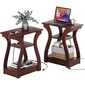 FROMJBEST End Tables Living Room Set of 2,Cherry End Table with Charging Station,Side Table, Nightstand for Bedroom, 3 Tier End Table with Storage Shelf for Living Room(Cherry)