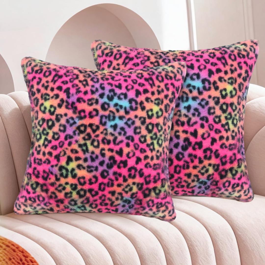 Colorful Leopard Print Faux Fur Pillow Covers 18x18Rainbow Cheetah Pillowcases Room DecorNeon Animal Print Throw Pillows Y2K Decorative for Girly Bedroom Sofa Couch Home