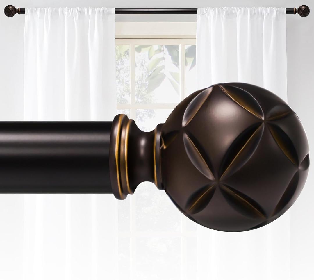 Curtain Rods For Windows 48 to 84 Inches,1 Inch Diameter Heavy-Duty Adjustable Decorative Curtain Rods With Four-Leaf Clover Carving Finials For Bedrooms & Living Rooms.Brown