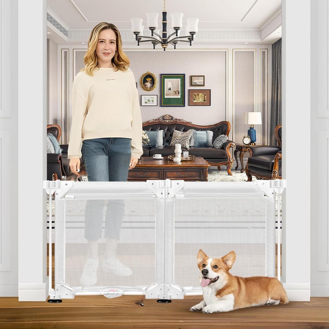 No Screw Free Standing Dog Gate Indoor 2 Panel 24" Tall x 40" Wide Portable Mesh Baby Gate with Strong Suction Cup Folding Puppy Gates for Doorways Mesh Pet Gates for Doorways No Drilling Dog Barrier (White)