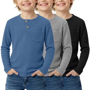 LessonZoo 3 Pack Boy's Henley Long Sleeve Shirts Waffle Thermal Tops 5-14 Years Kids Casual Sport Sweatshirts with Pocket(Haze Blue, Gray, Black, 5-6 Years)