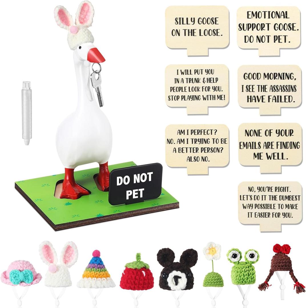AceOrbit 17 Pcs Magnetic Goose Key Holder Resin Goose Statue with Mini Hats Writable Interchangeable Signs Desk Decor(Fresh)