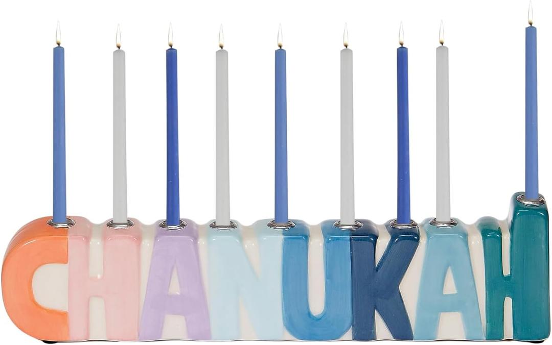 Chanukah Spell Out Pastel Menorah - Exciting & Colorful Multicolor Menorah! Hand Painted Ceramic Hanukkah Gifts Whimsical Design Jewish Holiday Party Favors Candle Holder Festival of Lights 11" L