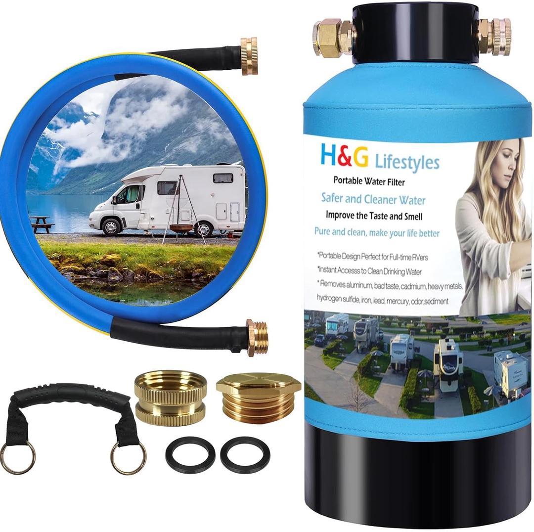H&G lifestyles Portable Water Filter for RV Water Filtration System KDF Carbon Reduce Bad Taste Odor Chlorine Sediment with 3/4" Brass Adapter Water Hose for Drinking Camping