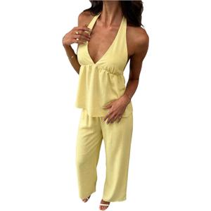 SOLY HUX Women's Summer Two Piece Set Deep V Halter Peplum Top and Pants Vacation Outfits Resort Wear, Size: S