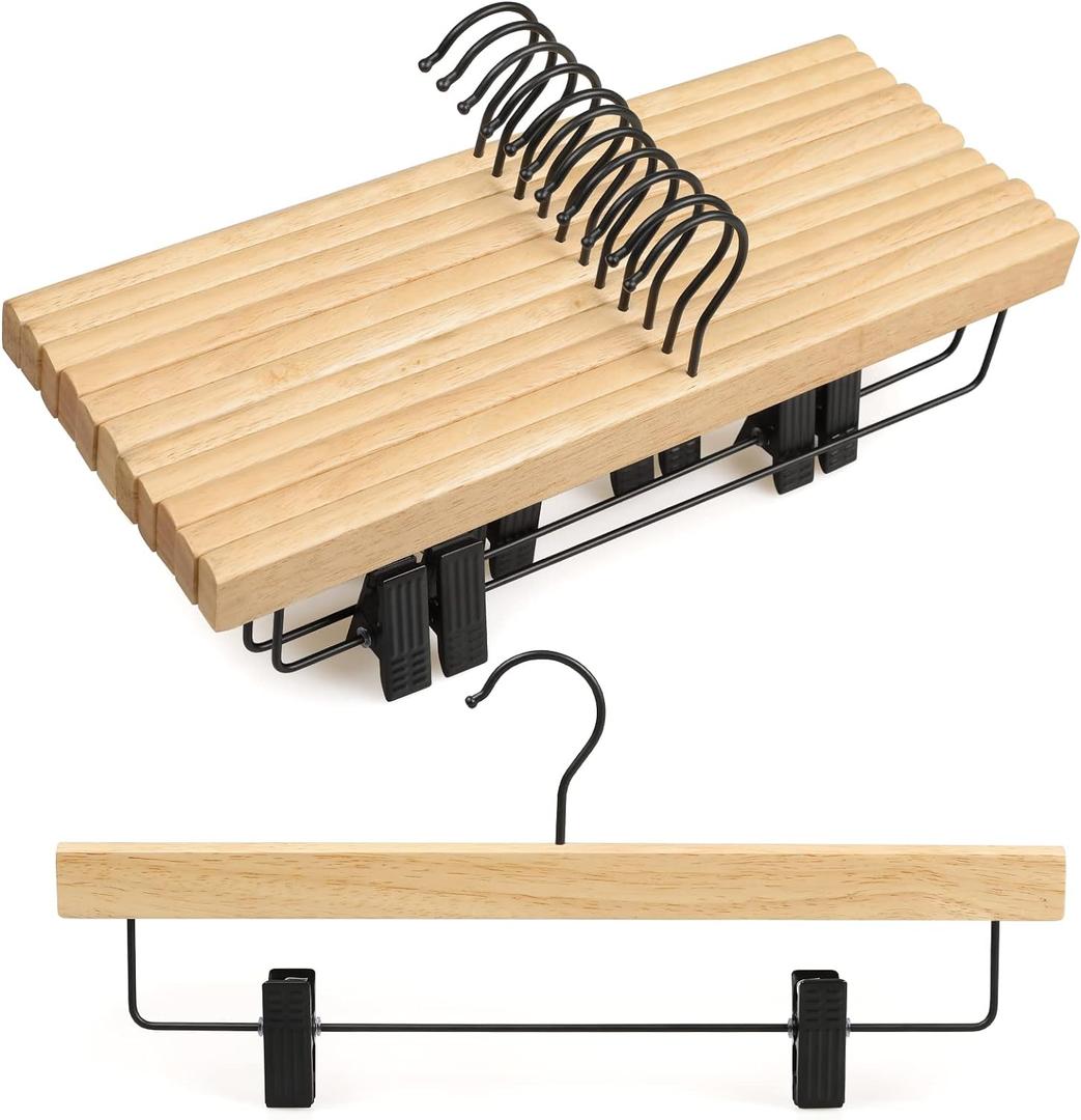 TOPIA HANGER Pants Hangers 10 Pack, Wooden Clothes Hangers with Black Clips and Rotatable Hook, Durable Natural Rubber Wood Hangers for Skirts, Pants, Jeans, Shorts - CTS02N