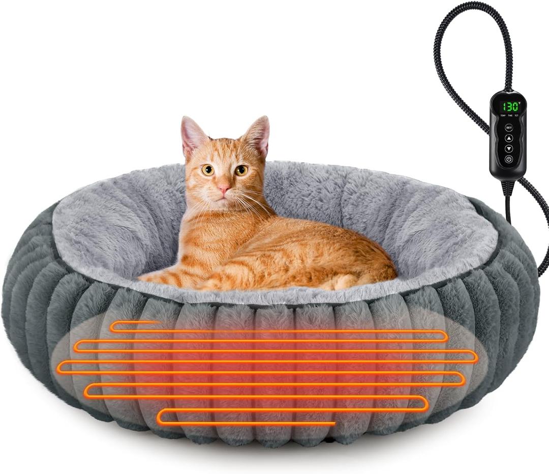 INVENHO Heated Cat Beds for Indoor Cats and Small Dogs, 20" Cozy Donut Heated Pet Bed with Timer & Temp Adjustable, Removable Waterproof Electric Warming Bed for Indoor Cat (Grey)