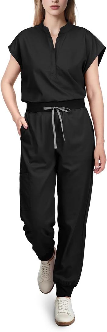 Scrubs for Women Set, Cool Stretch Jogging Scrub Nurse Uniform Set, Comfortable Breathable Scrub Tops and Scrub Pants (Small, Black)