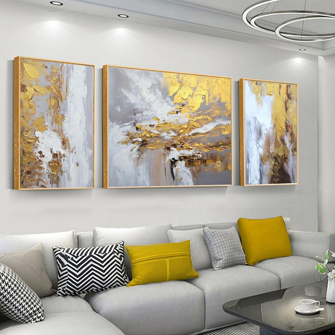 Hand Painted Abstract Canvas Wall Art for Living Room,Large Framed Gold Oil Painting For Bedroom, 3 pcs Wall Painting for Office Wall Dcor 24" x 64"