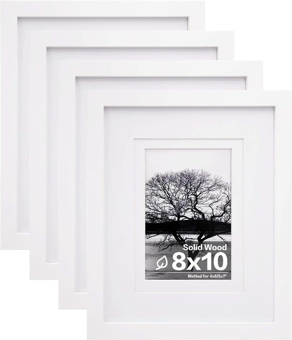 Egofine 8x10 Picture Frames Set of 4, Made of Solid Wood Covered by Plexiglass 4x6 and 5x7 with Mat or 8x10 without Mat, for Table Top Display and Wall Mounting Photo Frame White