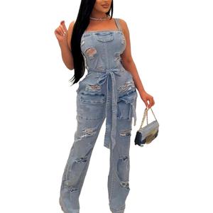 Mandonce Denim Jumpsuit for Women Halter Wide Leg Ripped Jean Jumpsuits for Women with Belt Casual Denim Romper (Large, Blue)