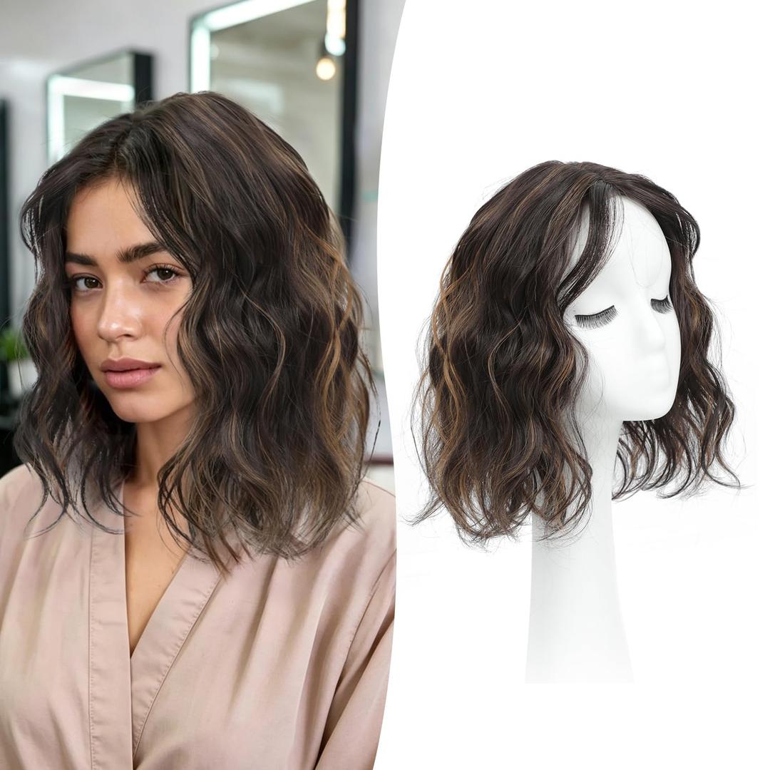 UDU Short Wavy Hair Topper for Women, 11Inch Lightweight & Breathable Synthetic Wiglet for Volume and Gray Hair Coverage, Heat Resistant Natural Hairpiece for Summer Look (Dark Brown with Highlights)
