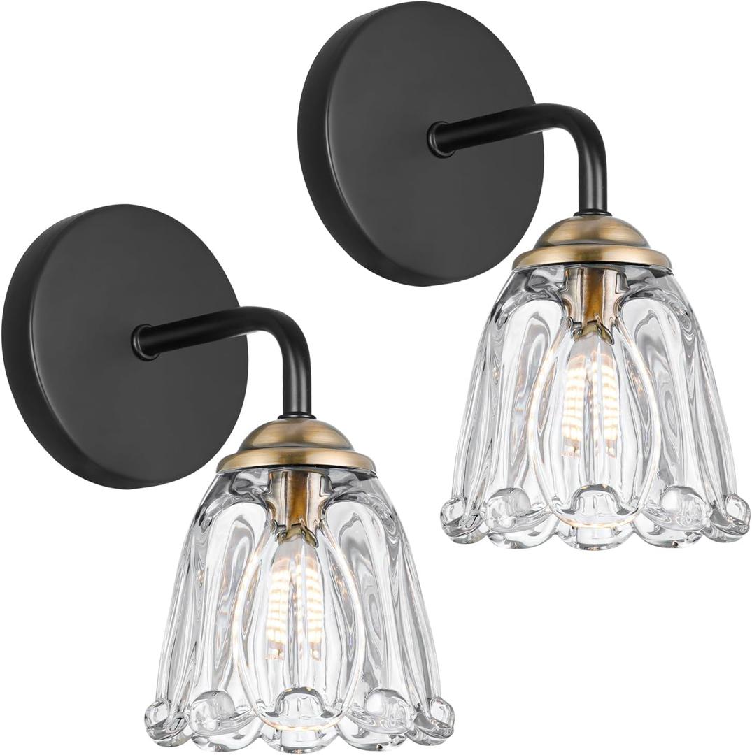 Vintage Hardwired Wall Sconce Set of 2, No Battery/Rechargeable! Black & Gold Bathroom Light with Clear Glass Shade, G9 Bulb Fixture for Mirror/Bedroom, Brass Wall Decor Lighting