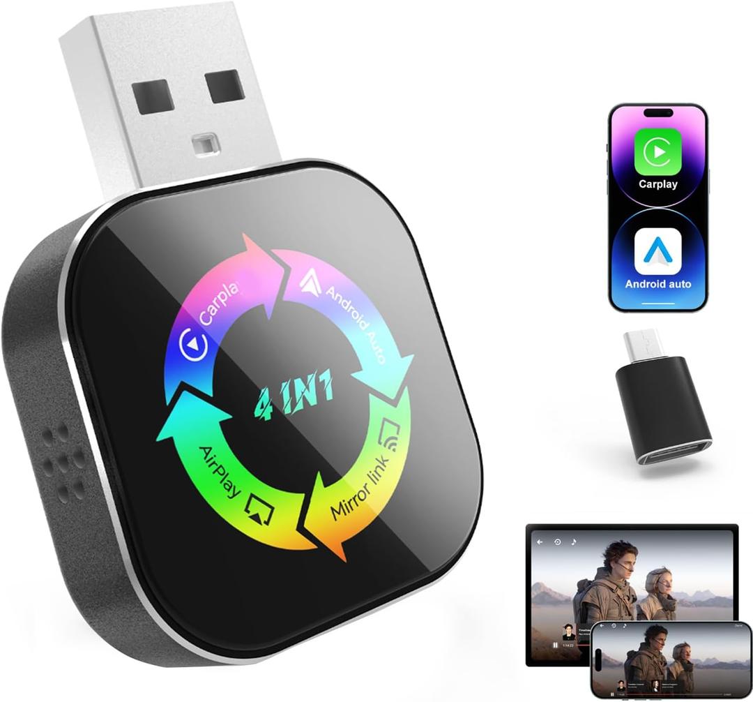2026 Upgraded Wireless Carplay Adapter, 4 in 1 Screen Mirroring Support Mirror Link/AirPlay for Apple CarPlay & Android Auto, Mini USB/TypeC Plug & Play Car Play Adapter, Wired to Wireless No Latency
