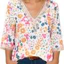 IRISGOD Womens 3/4 Length Sleeve V Neck Tops Dressy Casual Chiffon Blouse Summer Floral Bohemian 2025 Tredny Shirts (Beige, XL)