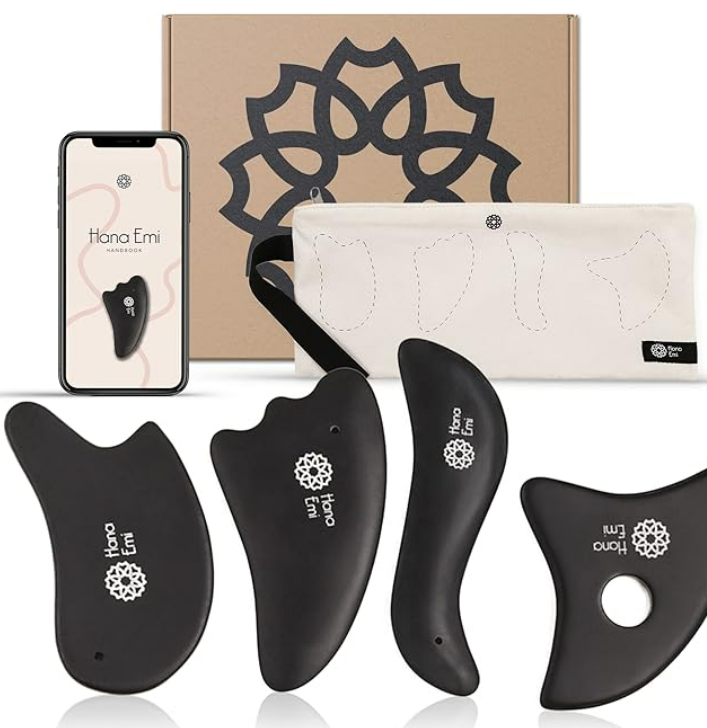 Gua Sha Facial Tools Set of 4 - Large Bian Stone for Face & Body Massage - Glowing Massage Tool & Body Set for Daily Skincare Routine