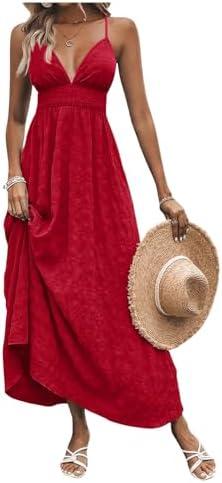 Milumia Women's Summer Smocked Cami Maxi Dress Boho V Neck Spaghetti Strap A Line Flowy Beach Long Sundress M