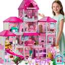 4-Storey House for Girls Ages 3-7, Villa Playset with 2 Dolls and 12 Room, Furniture and Accessories, Pretend Indoor Playset Toddler Toys, Birthday Girls Toys for Ages 4-8 6-8