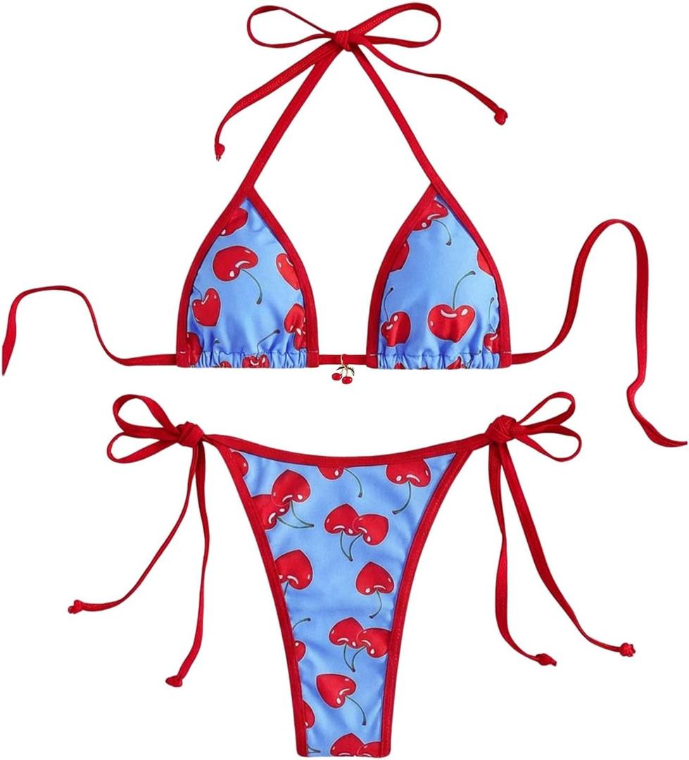 WDIRARA Women's 2 Piece Cherry Print Halter Bikini Set String Triangle Swimsuit Bathing Suit (Blue, XL)